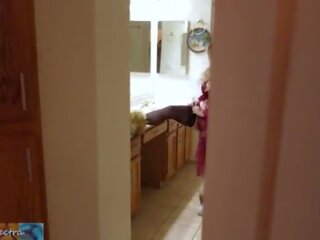 Stepmom opens for bed while stepson watches and masturbates until he is caught and she lets him put it in